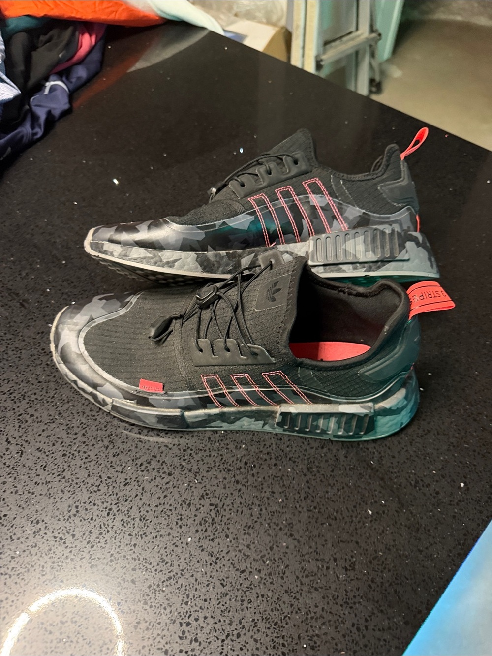 adidas Black Sneakers with grey urban Camo and Coral Highlights